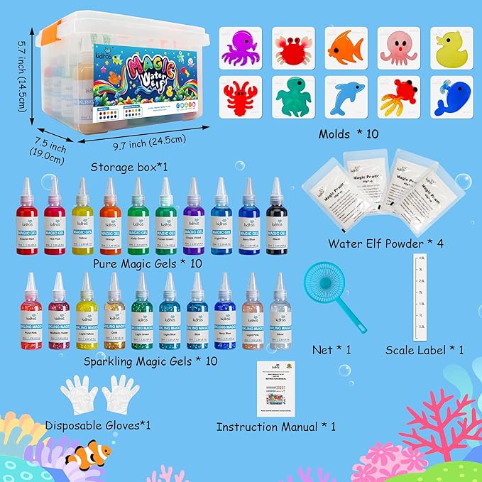 Magic Water Elf Toy Kit, Aqua Fairy Water Gel Kit with 20 Magic Gels, 10 Sea Creature Molds. Christmas Gifts, Birthday Gifts, Party Favors, Arts & Crafts DIY STEM for Kids(20 Colors)