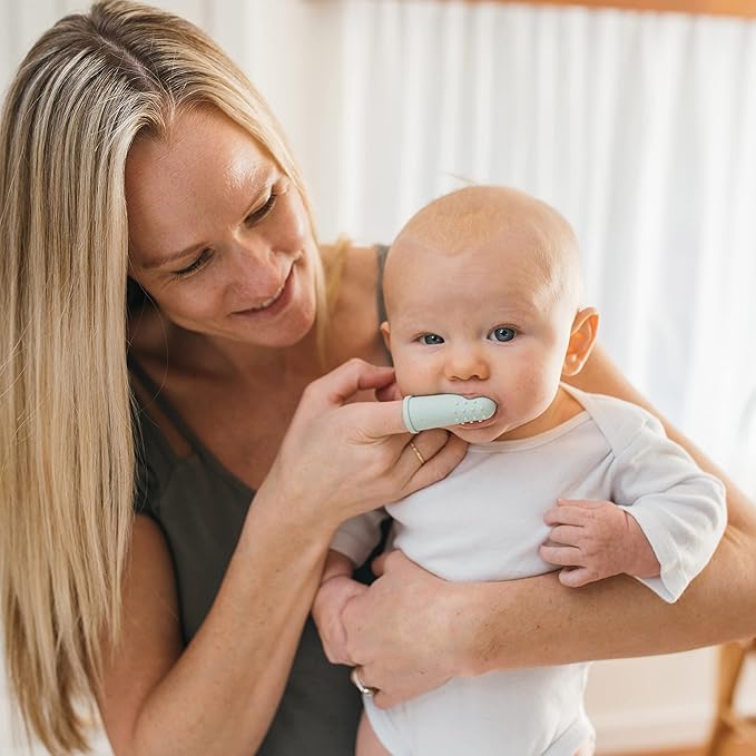 Dr. Brown's 100% Silicone Baby Finger Toothbrush and Toothpaste Set, 2-Pack Toothbrush with Storage Case, Fluoride-Free Strawberry Toddler Toothpaste, Gray & Yellow