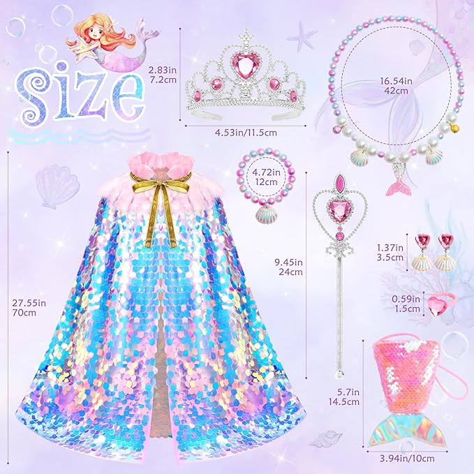 Princess Dress Up for Girls, 9Pcs Mermaid Costume Girls Birthday Gifts Cape Kit for Little Girls 3-8 Years Old, Princess Toys for Christmas Halloween Party Favors