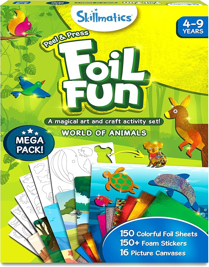 Skillmatics Art & Craft Activity - Foil Fun Animals Mega Pack, No Mess Art for Kids, Craft Kits & Supplies, DIY Creative Activity, Gifts for Boys & Girls Ages 4, 5, 6, 7, 8, 9, Travel Toys