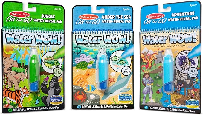 Melissa & Doug On The Go Water Wow! Reusable Color with Water Activity Pad 3-Pack, Jungle, Under The Sea, Adventure, Chunky-Size Water Pens