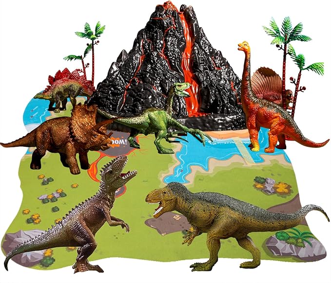 TEMI Dinosaur Toys with Simulation Volcano for Kids 3-5 Years, Toddlers Dinosaur Figures and Large Play Mat for Boys and Girls, Gifts for Preschool Toddlers (Size 63x63 in)