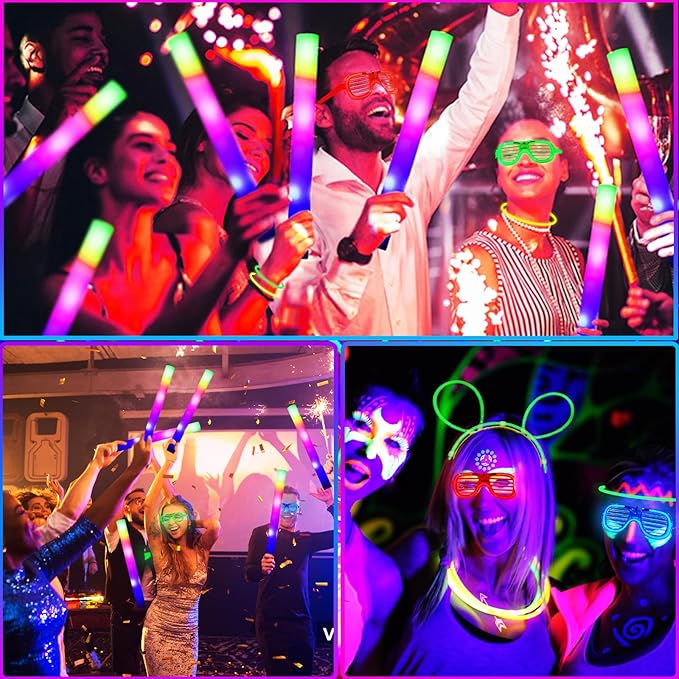 131 Pcs Glow in the Dark Party Supplies, Light Up Party Favors with 6 Foam Glow Sticks, 6 Led Glasses, 6 Finger Lights, 100 Glow Sticks Bulk Party Pack DIY Necklaces Bracelets, Neon Party Supplies