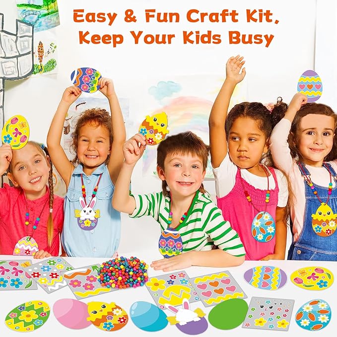 Qyeahkj 32 Set Easter Egg Craft Kit for Kids Easter Bunny Necklaces Beads Ornaments DIY Spring Sticker Arts Crafts Activities Make Your Own Hanging Decor Supplies for Home School Classroom Party Favor