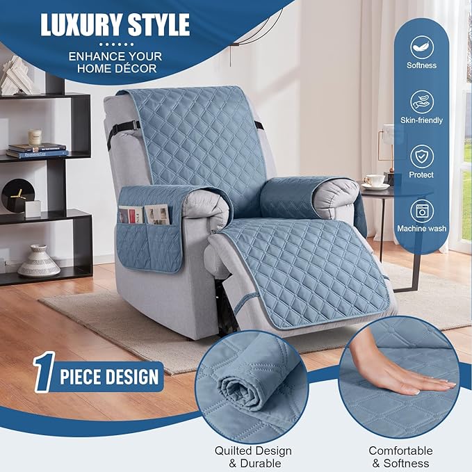 TAOCOCO 100% Waterproof Recliner Covers, Recliner Sofa Covers with Leg Straps, Reversible Recliner Couch Cover for Reclining Chair, Washable Couch Protector for Pets Kids(1 Seater 22", Sky Blue)