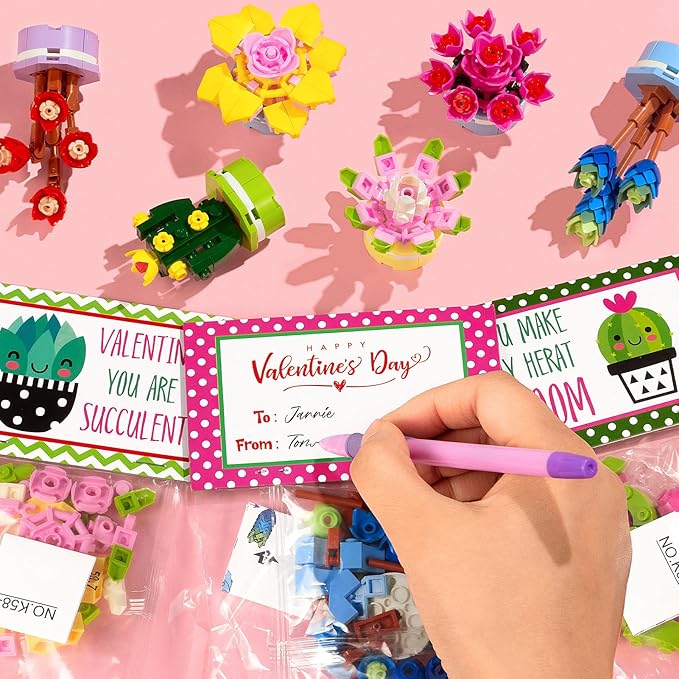 Asoulin Valentines Day Gifts for Kids, 24 Pack Succulents Plants Building Blocks with Valentines Day Cards for Kids School Classroom, Class Valentines Gift Exchange Valentine Basket Stuffers Fillers