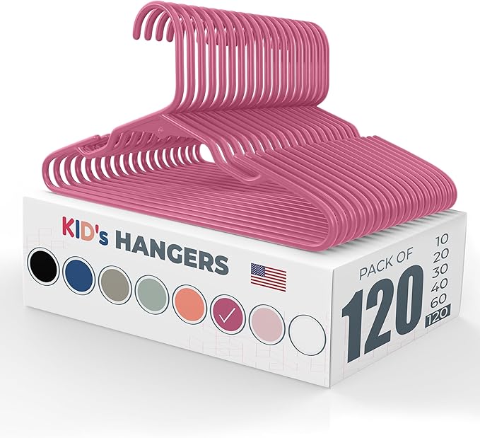 Made in USA Baby Hangers, Kids Hangers for Children's Clothes, Toddler Outfits and Clothing, 20 50 100 Pack Available, Kid Plastic Hanger for Closet and Nursery, Child Kid Hangars (120pk Pink)
