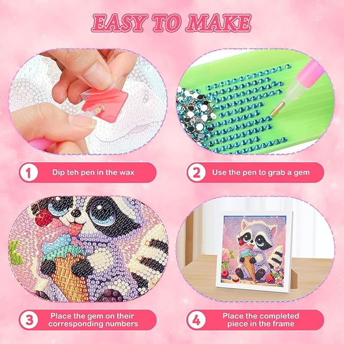 Raccoon Diamond Art Painting Kits with Frame- Animals Diamond Painting Kit with Frame, Cute DIY Diamond Art Kits as Wall Decoration 7X7 Inch