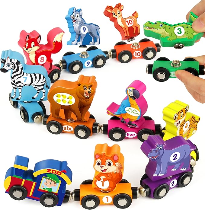 Vanmor Wooden Train Set for Toddlers, Magnetic Animal Number Train Toys for Ages3-5, Toddler Learning Toys, Fine Motor Skills Educational Toys, Preschool Activities, Toddler Boy Girl Gifts