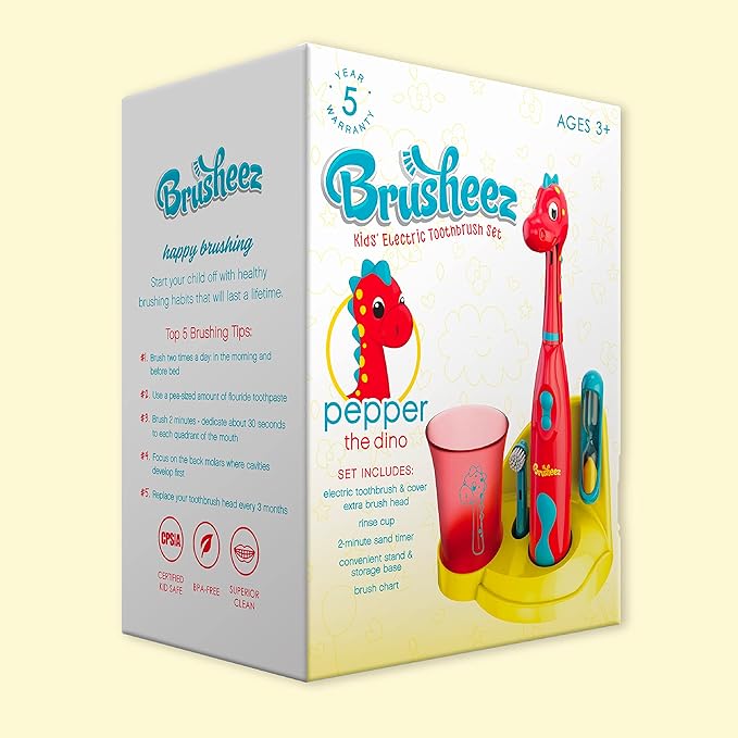 Brusheez Kids’ Electric Toothbrush Set - Safe & Effective for Ages 3+ - Parent Tested & Approved with Gentle Bristles, 2 Brush Heads, Rinse Cup, 2-Minute Timer, & Storage Base (Pepper The Dino)