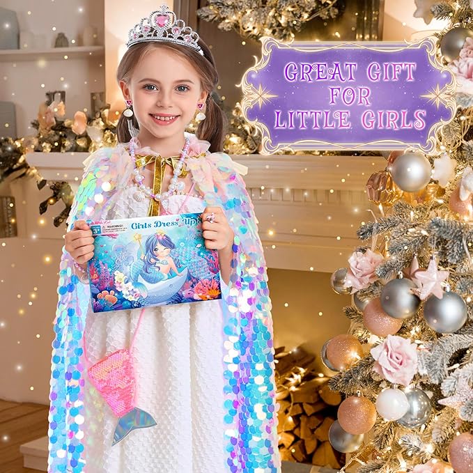 Princess Dress Up for Girls, 9Pcs Mermaid Costume Girls Birthday Gifts Cape Kit for Little Girls 3-8 Years Old, Princess Toys for Christmas Halloween Party Favors