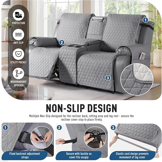 TAOCOCO 100% Waterproof Recliner Cover -Loveseat Recliner Cover with Center Console,Non-Slip Reclining Couch Covers for 2 Seat,with Elastic Straps Pocket for Kids, Dogs(Light Gray, 2 Seater XL)