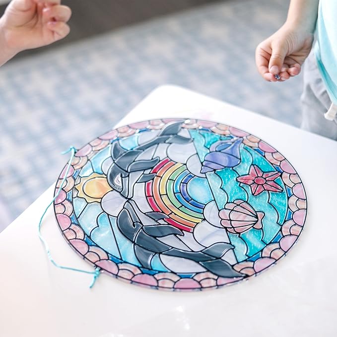 Melissa & Doug Stained Glass Made Easy Craft Kit: Dolphins - 180+ Stickers , Ocean Animals Crafts For Kids Ages 5+