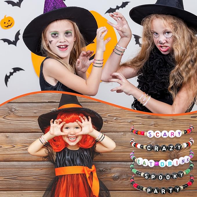 Cunno 36 Pcs Kids Friendship Bracelets for Girls Letter Heart Beads Bracelets Stretchy Cute Bracelet Pretend Play Beaded Bracelets Inspirational Bracelets for Kids (Spooky Style)