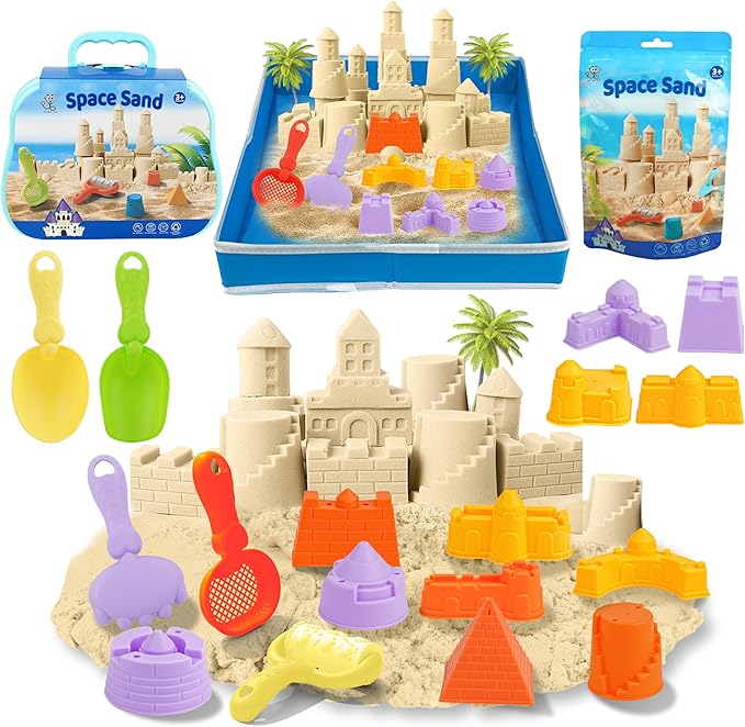 Play Sand Kit - Folding Sand Box with 1.1lbs Sensory Sand, Castle Molds & Foldable Tray - Sensory Bin Toys for Kids, Boys and Girls