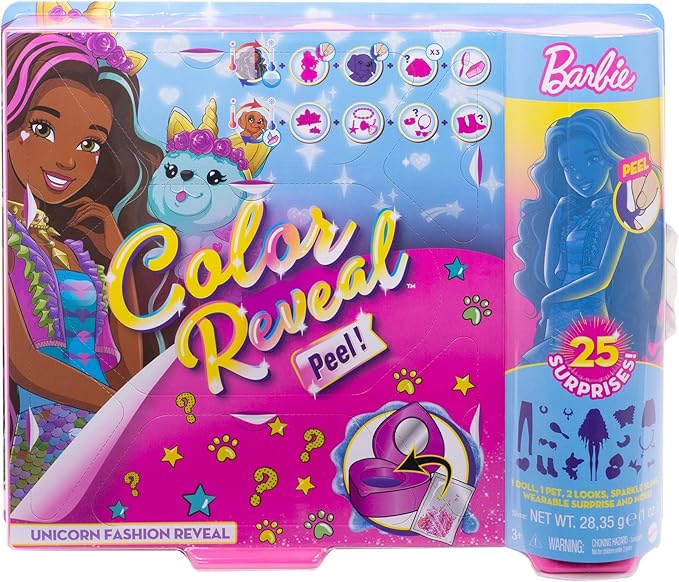 Barbie Color Reveal Peel Unicorn Fashion Reveal Doll Set with 25 Surprises Including Pink Peel-able Doll & Pet & 16 Mystery Bags with Clothes & Accessories for 2 Unicorn-Inspired Looks
