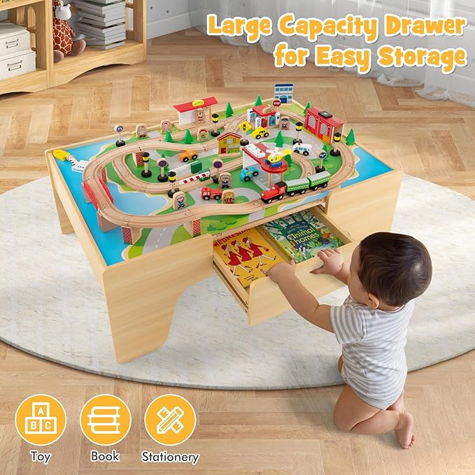 HONEY JOY Train Table, Wooden Kids Activity Table with Storage, 84 Multicolor Pieces, Tracks, Trains, Cars, Toddler Toy Train Table Set w/Reversible Tabletop, Gift for Boys Girls Ages 3+ (Natural)