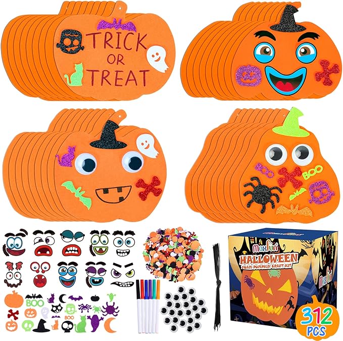 Max Fun 312PCS Halloween Pumpkin Foam Stickers, Halloween Craft Kit for Kids Bulk Glitter Set DIY Self-Adhesive Halloween Decoration
