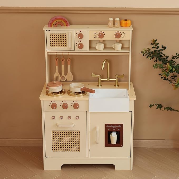 Play Kitchen for Kids, Wooden Play Kitchen Set with Realistic Features, Small Play Kitchen Toy Designed Ideal for Toddlers, for Ages 3+