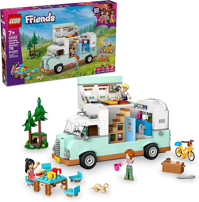 LEGO Friends Friendship Camper Van Adventure Toy Building Set - Pretend Play Set for Kids, Girls and Boys, Ages 7+ - Gift Idea for Birthday - with 3 Minidolls and Ferret Figure - 42663