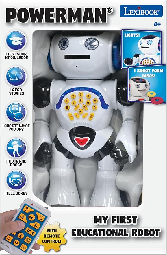 Lexibook Powerman - Remote Control Walking Talking Toy Robot, Dances, Sings, Reads Stories, Math Quiz, Shooting Discs, and Voice Mimicking, for Kids 4+ - ROB50US