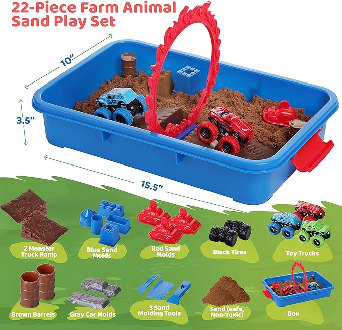 Dazmers Monster Truck Sand Play Set Sensory Kit, Sensory Bins with Lid, 2 Lbs of Sand, Jumps, Crushed Cars and Trucks, Indoor Sensory Bin for 3-4, 5 Year Old, Toddlers Sand Table