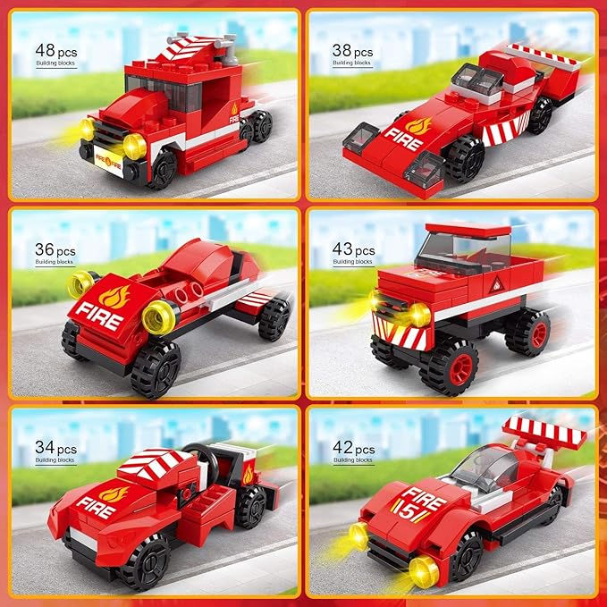 FUN LITTLE TOYS 12 Boxes Fire Rescue Vehicles Mini Building Blocks Party Favors for Kids 8-12, Car Building Kit, 3D Assembly Cars for Easter Eggs Empty, Kids Prizes in Bulk for School