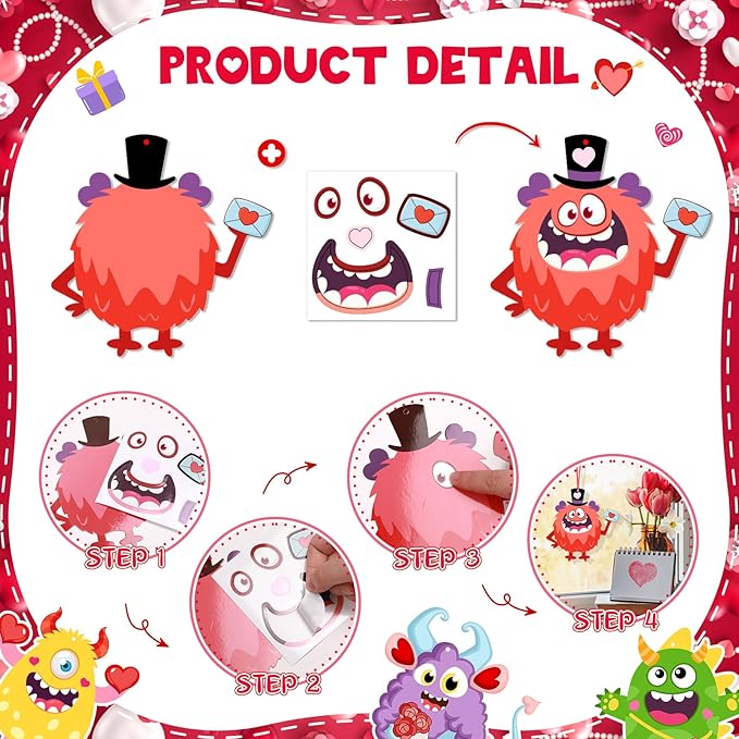45 Pack 24 Sets Valentine's Day Craft Kits for Kids, DIY Craft Ornament Valentine Class Game Activities Paper Craft Hanging Ornament Valentine's Day Decoration Preschool Home Valentine's Monster Craft