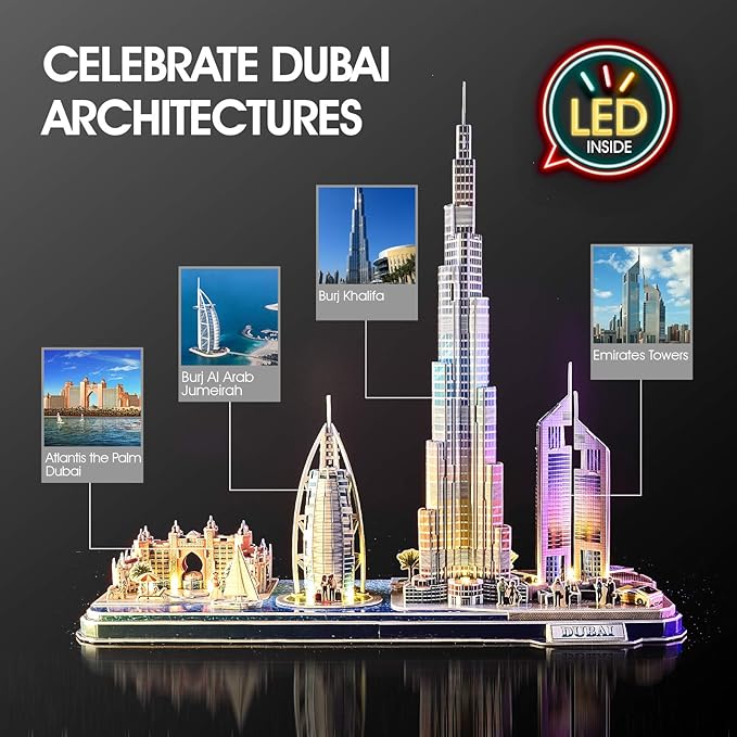 CubicFun 3D Puzzles for Kids Ages 8-10 LED Dubai Cityline, Arts and Crafts for Kids Ages 8-12 STEM Projects for Kids Ages 8-12 Gifts for 8 Year Old Toys for 8 Year Old Girls Lighting Architecture
