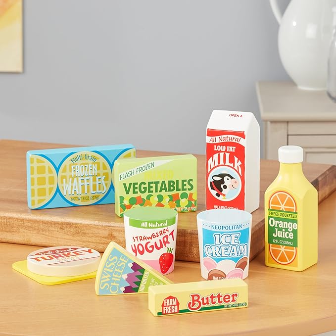 Melissa & Doug Fridge Food Wooden Play Food Set - 9 Pieces Pretend Play Kitchen Accessories, For Kids Kitchen, Wooden Grocery Sets For Kids Ages 3+
