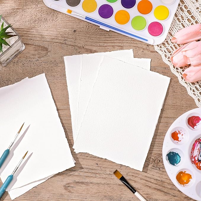 50 Sheets Watercolor Paper 5 x 7inch, 300 GSM Deckled Edge Paper Rough/Textured Handmade Paper Cotton Paper for Watercolors, Wedding Invitations, Cards, Crafts