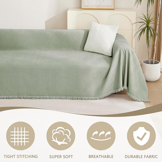 MYSKY HOME Easy Fitted Couch Cover for Dogs Stain Resistant Couch Cover Sage Sofa Covers for 2 Cushion Couch Multi-Use Sectional Couch Cover for Loveseat Universal Tassel Sofa Throw 91"X 118"