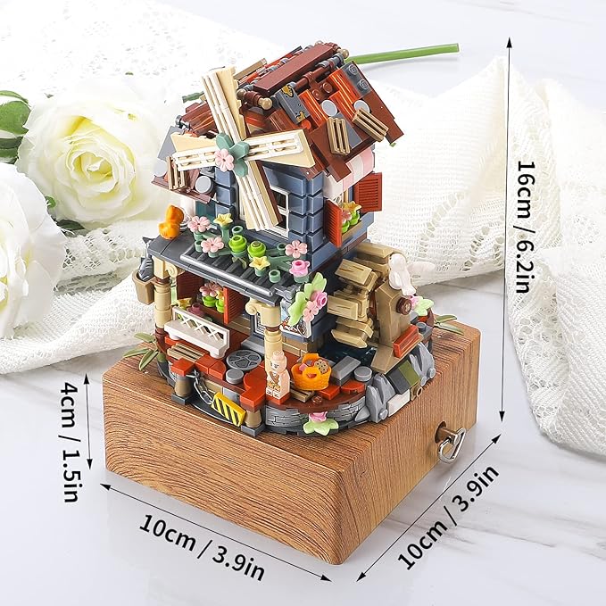 Windmill Building Toy Windmill House Music Box Building Blocks Set Flowers Windmill House for Best Gift Adults and Kids Anniversary Birthday