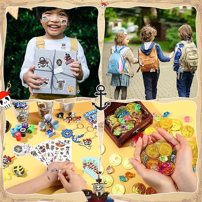 Spakon 327 Pcs Pirate Party Favors Supplies Halloween Party Include Pirate Pendants Bracelets Cup Straw Keychains Rings Eye Masks Mustache Tattoo Stickers Gold Coins Cards for Birthday Party