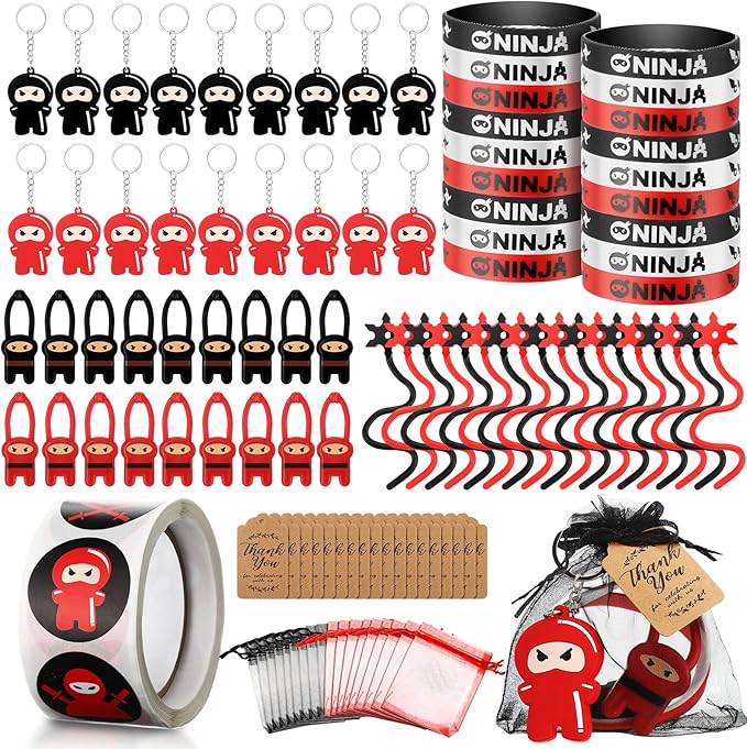 HyDren 109 Pcs Ninja Party Favors for 18 People Include Ninja Slingshot Sticky Stretch Ninja Toys Rubber Keychains Silicone Wristband Ninja Stickers Organza Bag Thank Tags for Birthday Party