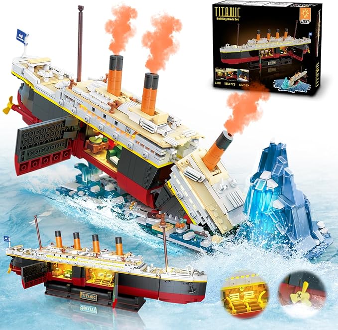 Titanic Building Set with LED Light, 2 in 1 Titanic Ship Mini Building Block 1883 PCS, Ship Model with Glacier Display Stand, Building Brick Toy Gift for Adults Teens Kids Boys Girls 10 11 12+