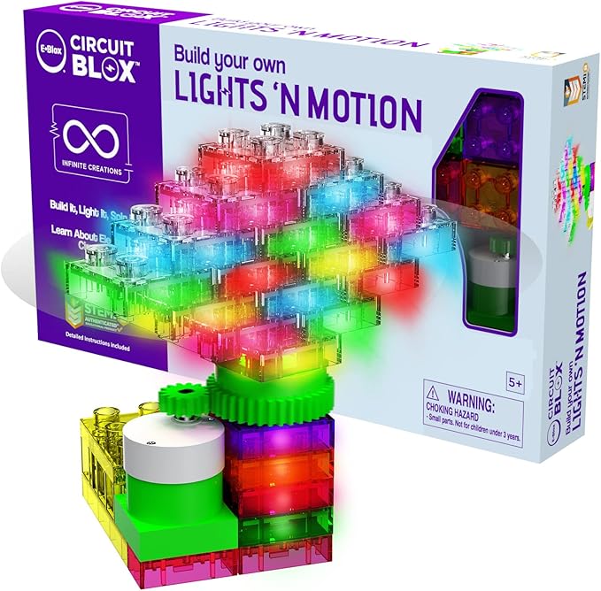 E-Blox Building Blocks STEM Circuit Kit, Build Your Own Lights ‘N Motion, Light & Rotating Capabilities, Infinite Science Creations, Birthday Gift, Boys, Girls, 5+
