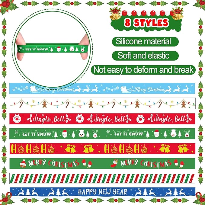 NEBURORA 24pcs Christmas Silicone Bracelet 8 Style Rubber Wristband Xmas Pattern Wrist Band for Merry Christmas Theme Party Decor Supplies
