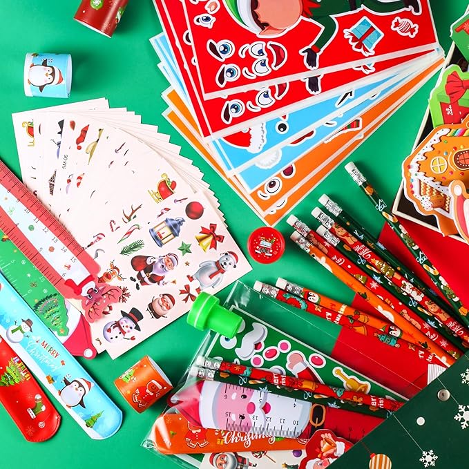 BenLouis Christmas School Stationery Set Party Favors Xmas Classroom Gift Prizes Bulk for Students Kids Holiday Stockings Pinata Filler Christmas School Goodie Bag Stuffers Decor（48set Christmas）