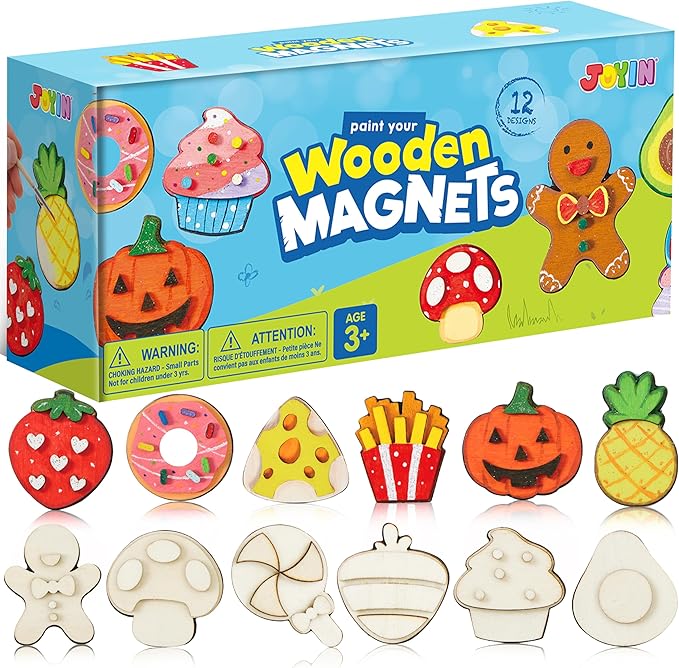 JOYIN 12 pcs Wooden Magnets, Painting Craft for Boys and Girls, Spring and Rainy Day Activities Kit, Craft Toys Gifts for Kids Birthday Easter