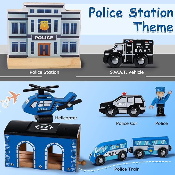 SainSmart Jr. Wooden Train Set - Interactive Police Playset for Kids | Building Toy with Train, Figures & Accessories | Compatible with Brio, Thomas, Melissa and Doug | Educational STEM Gift