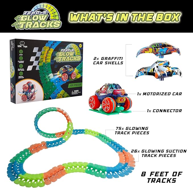 USA Toyz Zero-G Glow Race Track for Kids- 105pcs Glow in The Dark Flexible Race Track Set with Suction Cups, Slot Car, 2 Graffiti Toy Cars Shells, STEM Toy LED Car Tracks for Boys and Girls Age 3+