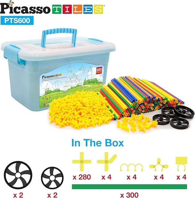 PicassoTiles 600pc Construction Toy Straw Building Set Children STEM Learning Interlocking Building Toys Creative Straw Connecting Builder Kits Early Education Kit for Kids Boys & Girls Ages 3+ PTS600