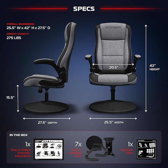 RESPAWN 800 Gaming Chair Floor, Swivel Rocker Gaming Chair, High Back Ergonomic Floor Gaming Chair for Kids and Adults, Gaming Recliner, Floor Rocker Chair with Armrests - Grey Fabric