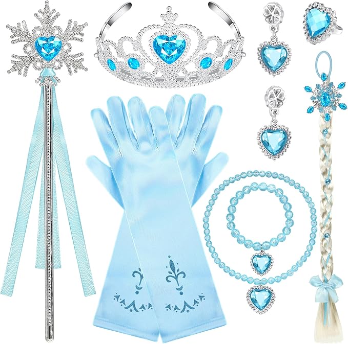 Lyrow 8 Pcs Princess Dress up Party Accessories Include Dress up Jewelry Princess Wand Princess Gloves Fake Crown Wig Ring Necklace Bracelet Earring for Girls Cosplay Costume Christmas Holiday Party