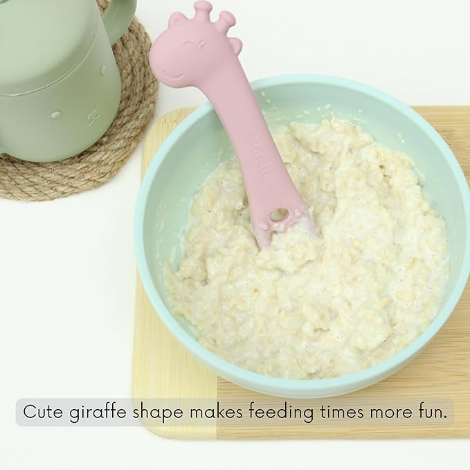 Silicone Giraffe Baby Spoon and Teether BPA Free Soft Tip Utensils for Baby Led Weaning Self Feeding and Teething Relief Dishwasher Safe Easy to Hold Infant Training Spoon Set for 6+ Months 2 Pack