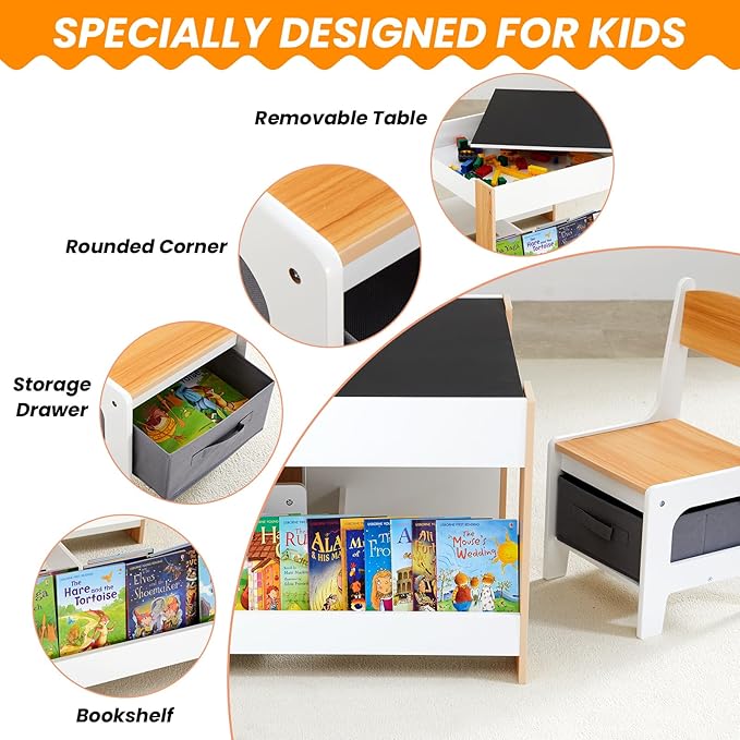 Asweets Kids Table and Chair Set, 4 in 1 Toddler Desk with Storage Drawer,Wooden Activity Table for 2 in 1 Detachable Tabletop,Bookshelf,Suitable for Classroom,Home,Nursery,Playroom (Natural White)
