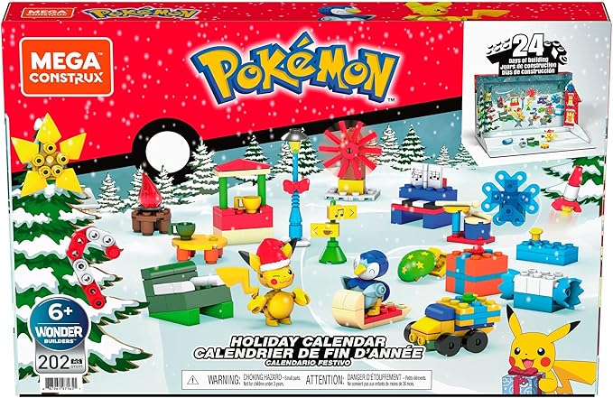 MEGA Pokémon Building Toys Set, Holiday Calendar with 202 Pieces, 2 Poseable Characters and Accessories, for Kids