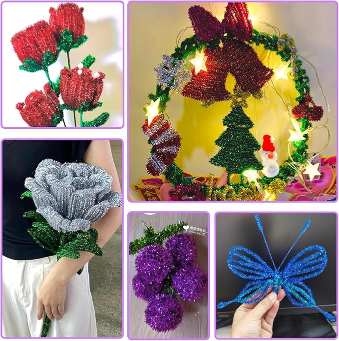 TOAOB 100pcs Glitter Pipe Cleaners 10 Colors Metallic Pipe Cleaners Craft Supplies 6mm x 12 Inch Chenille Stems Pipe Cleaners for Art DIY Crafts Decorations