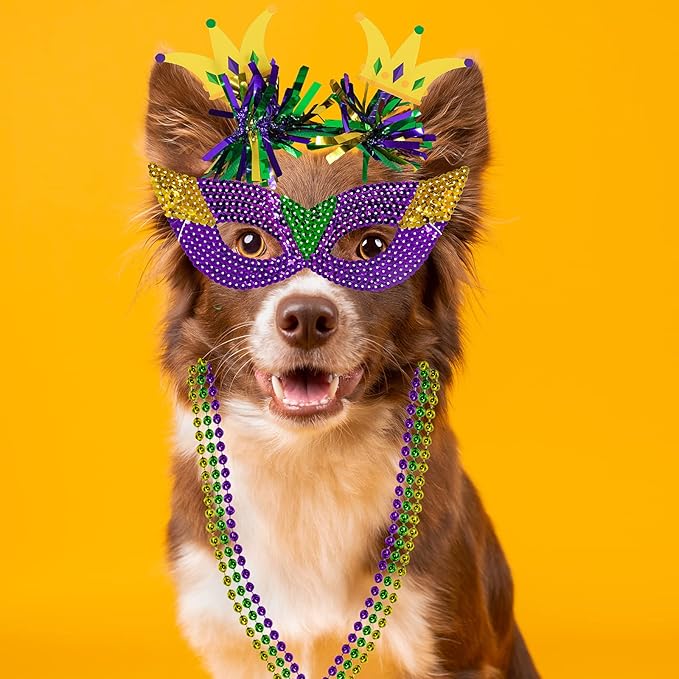 Winlyn 128 Pcs Mardi Gras Accessories Set Bulk Party Favors Supplies Mardi Gras Beads Necklaces Coins Head Boppers Bracelets Tattoos Purple Green Gold for Mardi Gras Masquerade Parade Décor